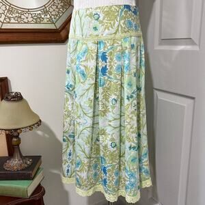 Y2K Luciano Dante Light Green & Blue Floral Shimmer Lace Trim Pleated Midi Skirt